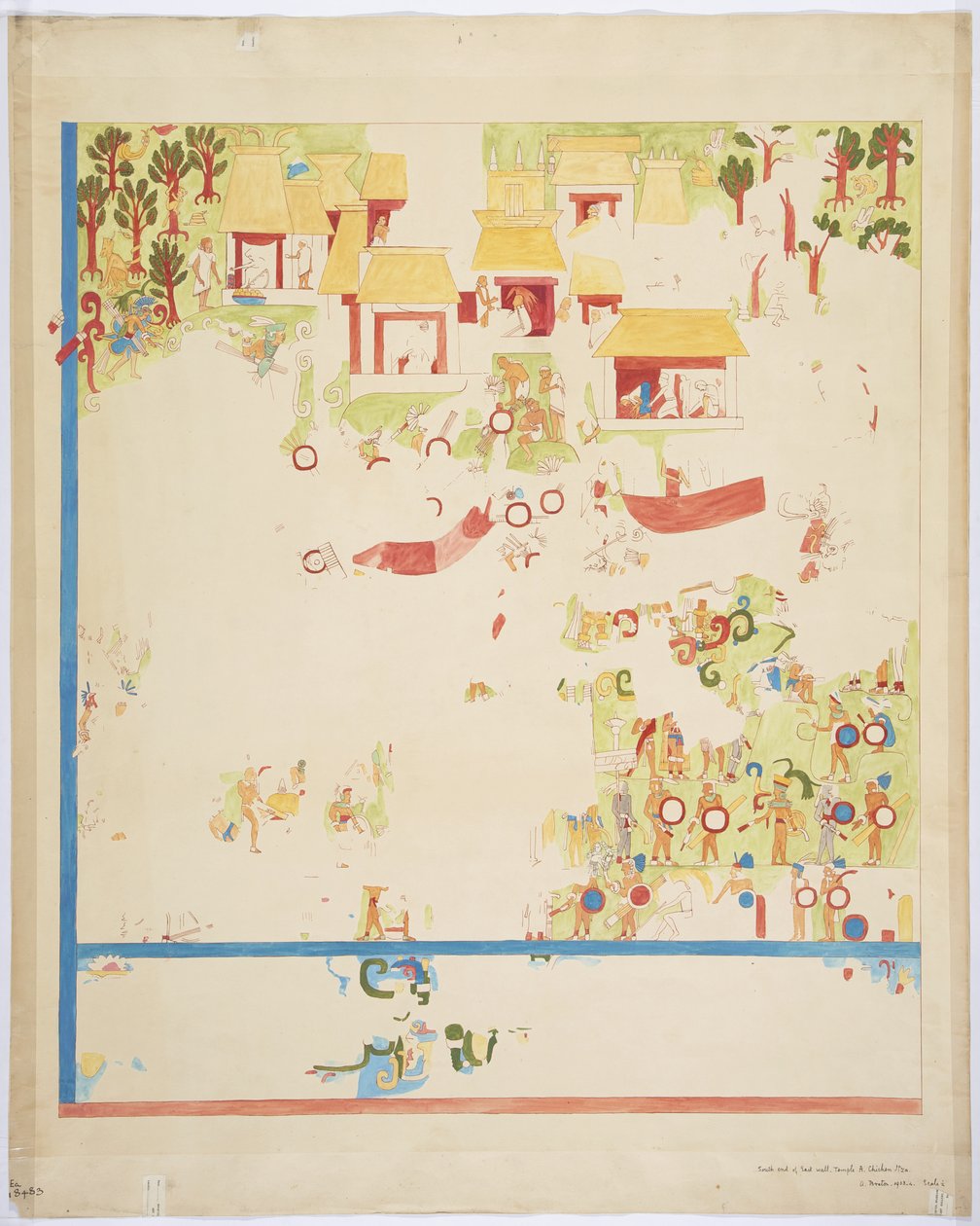 Quarter scale copy of a painting from the south end panel, east wall, inner chamber, Upper Temple of the Jaguars, Great Ball Court, Chichen Itza, Mexico by Adela Breton