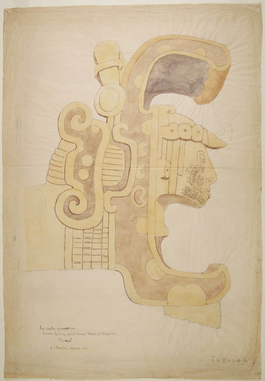 Ruins/Stone Reliefs at Temple at Uxmal, Mexico Carved Head, Highly Decorated by Adela Breton