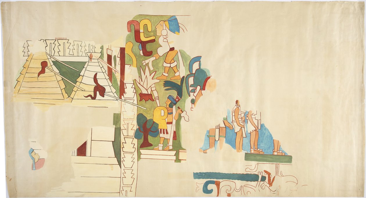 Tracing of a wall painting from Casa de Monjas, Chichen Itza, Mexico (detail) by Adela Breton