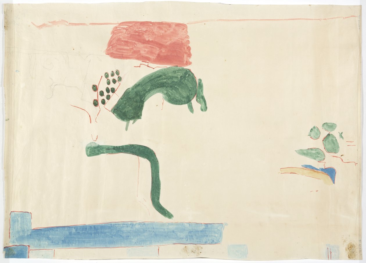 Tracing of a wall painting from Chichen Itza, Mexico From the east wall, inner middle chamber, Upper Temple of the Jaguars, Great Ball Court by Adela Breton