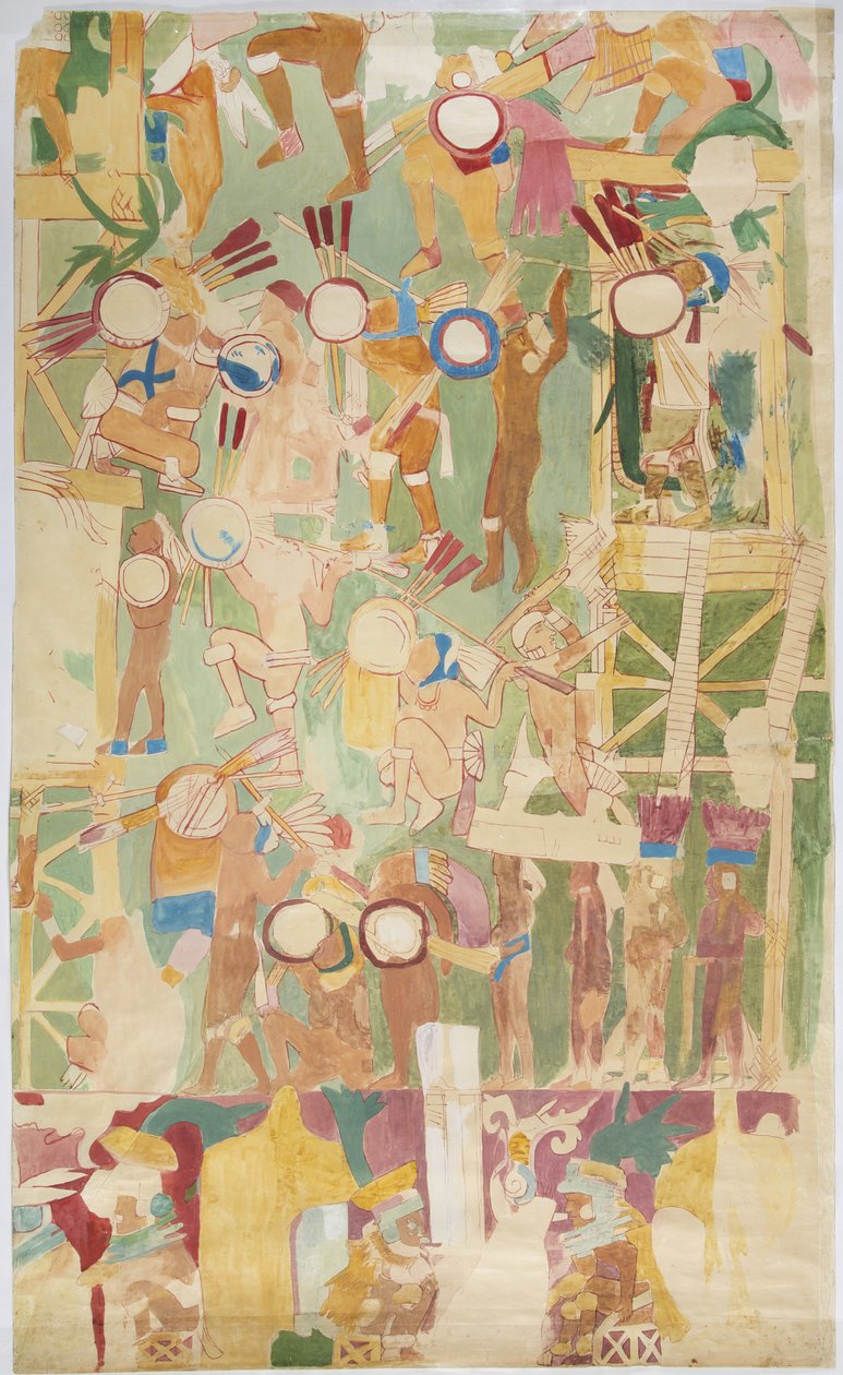 Tracing of a wall painting from south wall, inner chamber, Upper Temple of the Jaguars, Great Ball Court at Chichen Itza, Mexico by Adela Breton