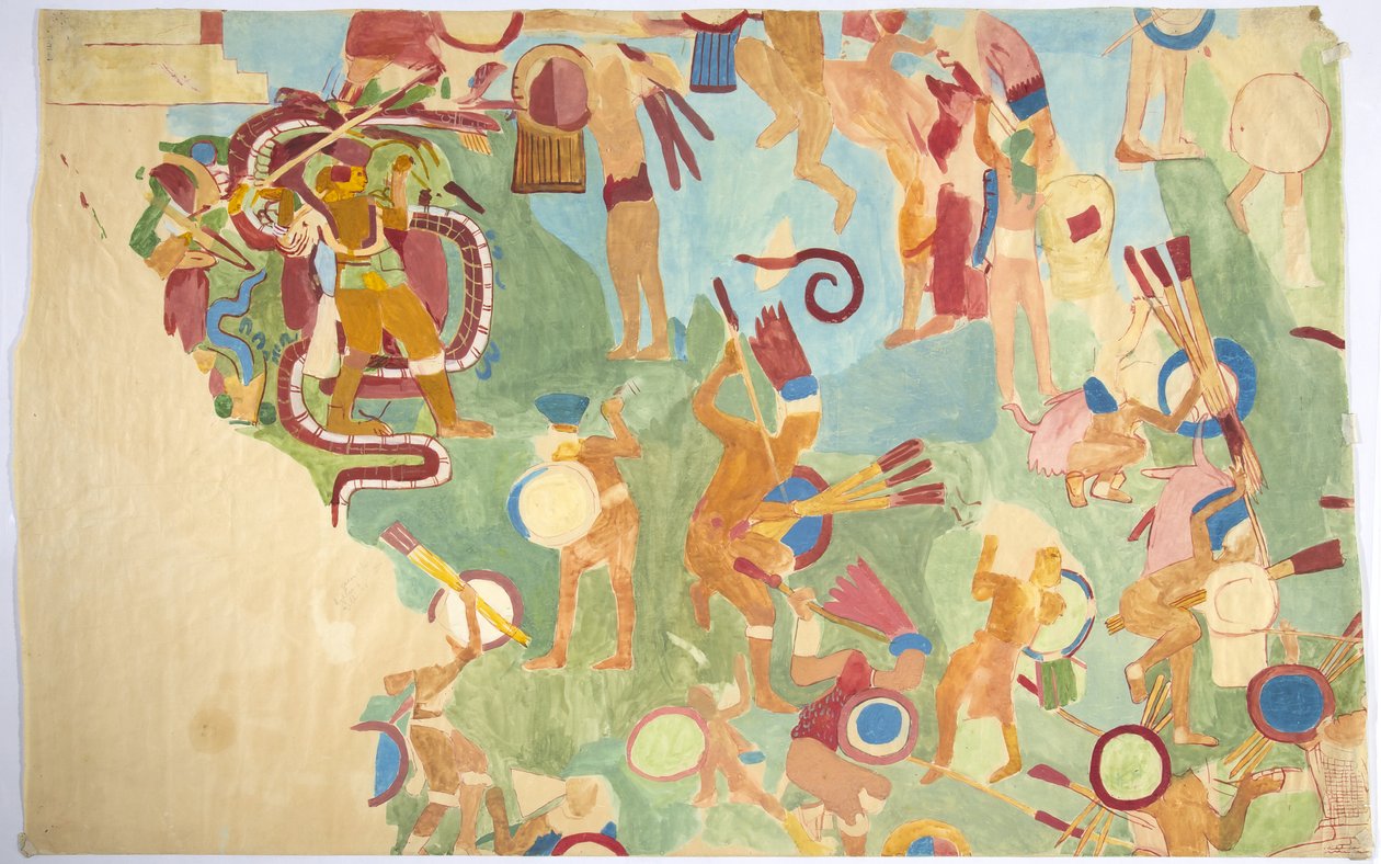 Tracing of a wall painting from the inner chamber, Upper Temple of the Jaguars, south wall, Great Ball Court, Chichen Itza, Mexico by Adela Breton