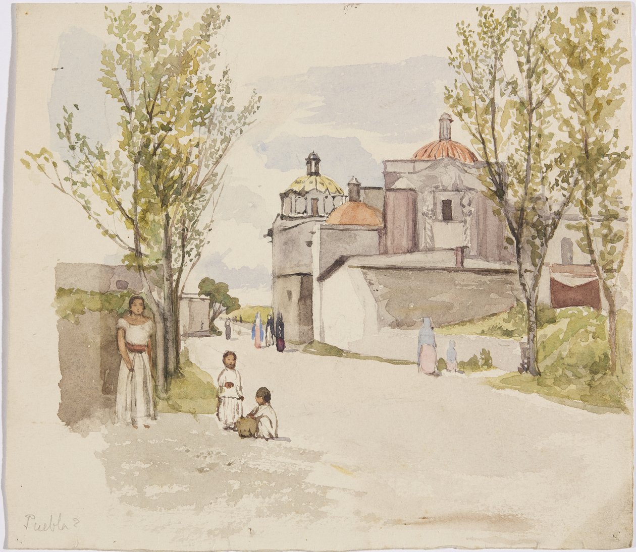 View of a village street with women and children - Puebla (?), Mexico by Adela Breton