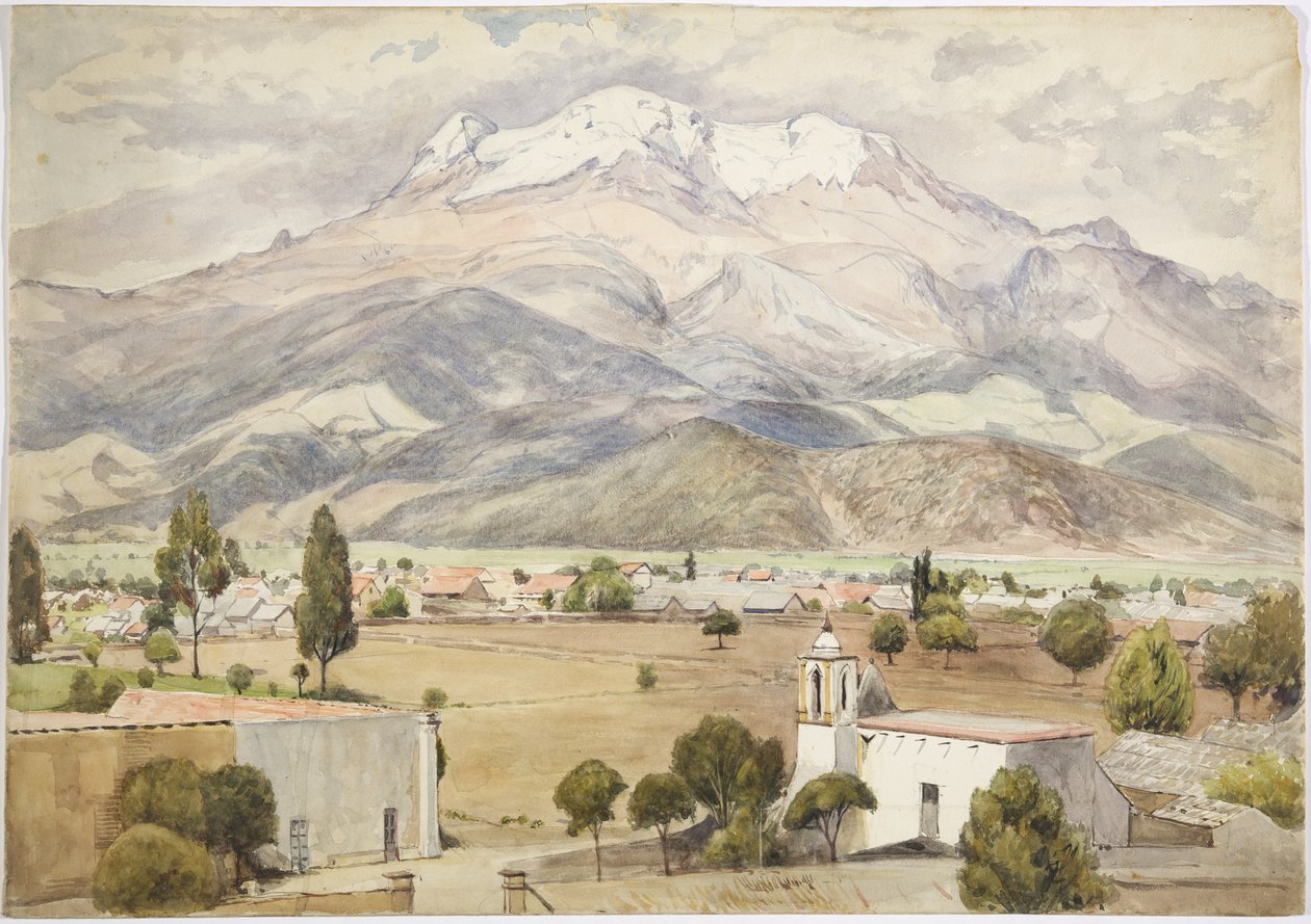 Village in the foreground and mountains behind by Adela Breton