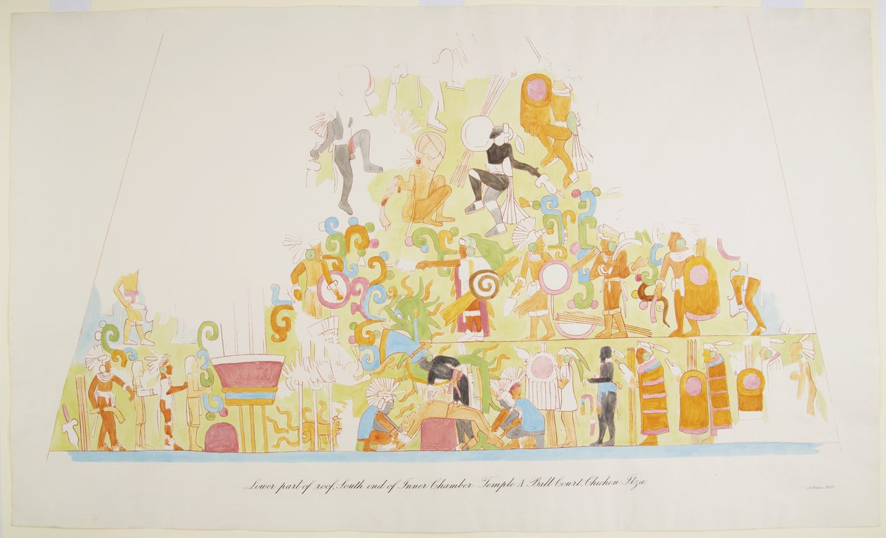 Wall Painting from the Lower Part of the Roof, South End of the Inner Chamber, Temple A, Chichen Itza, Mexico by Adela Breton