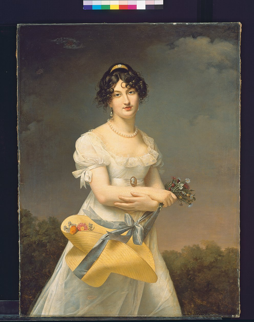 Portrait of Amélie-Justine Laidin de la Bouterie, née Pontois, Holding a Hat Filled with Flowers by Adele Romany
