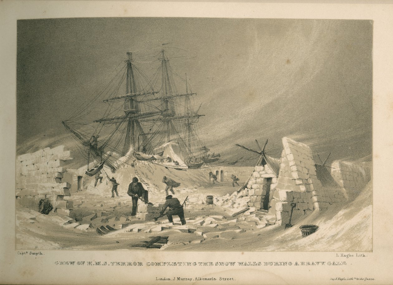 Crew of the H.M.S. Terror Completing the Snow Walls During a Heavy Gale by Admiral William Henry Smyth