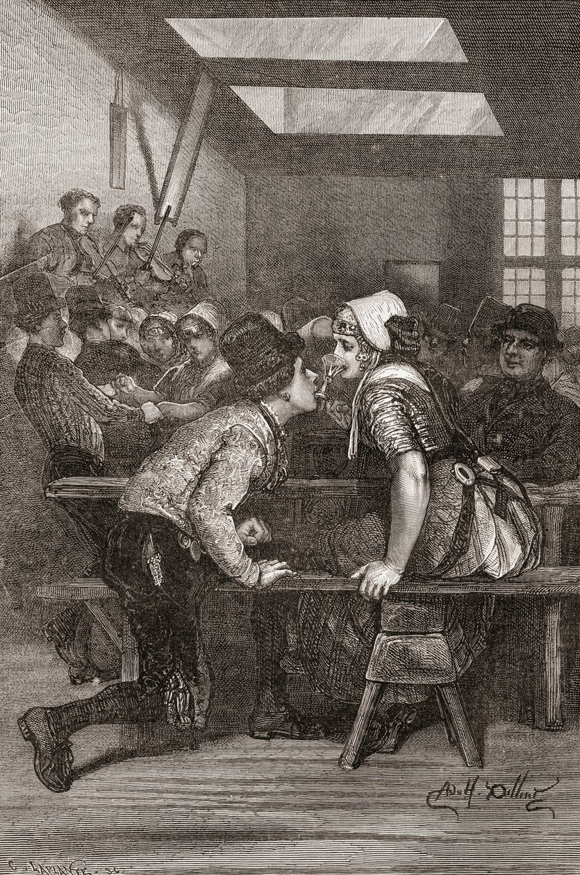 A Young Man Holds a Glass in His Teeth for His Lover to Drink From, Zeeland, the Netherlands (engraved by Charles Laplante) by Adolf Alexander Dillens