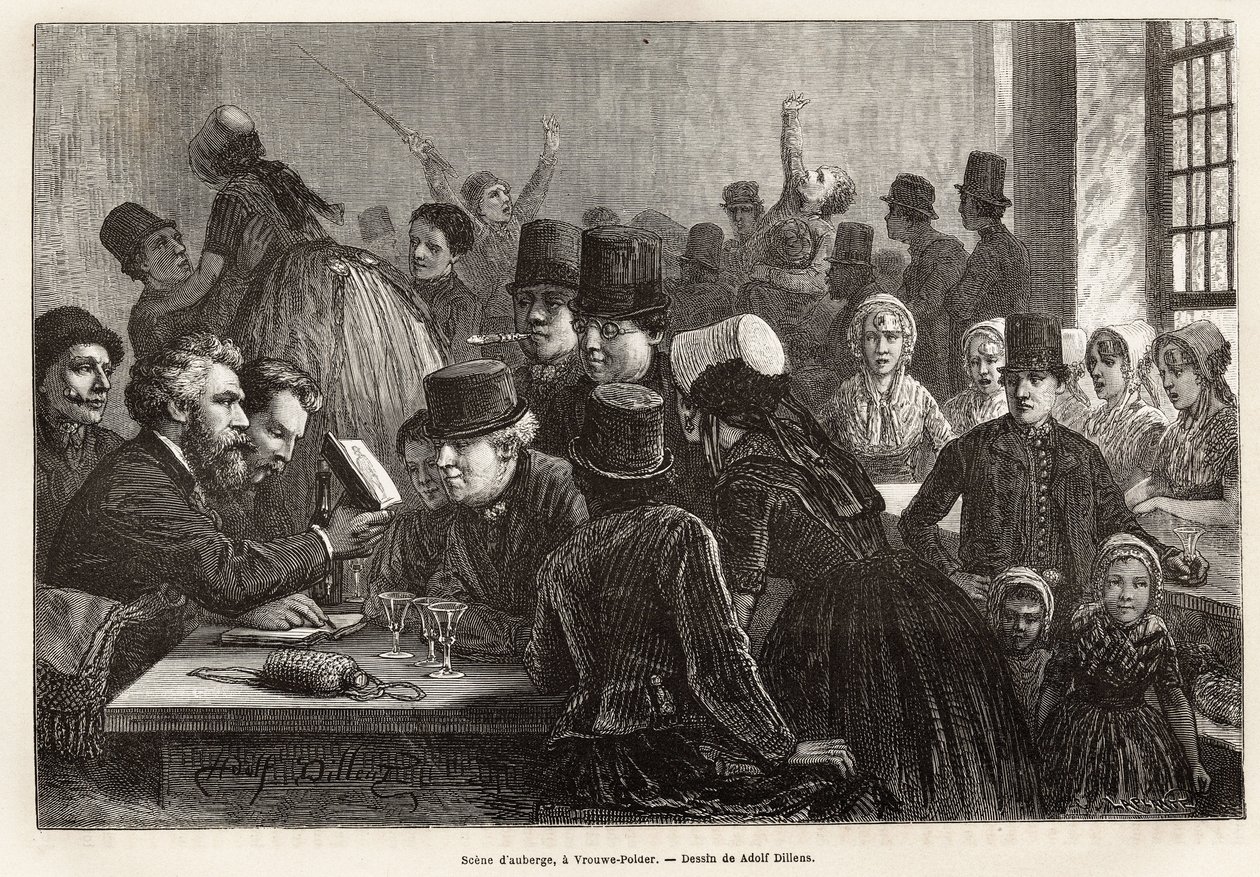 Inn Scene, at Vrouwe-Polder (Vrouwe Polder), Engraving After the Drawing by Adolf Dillens, Illustrating a Journey to Zeeland (Netherlands), in 1873, by Charles de Coster, Published in 
