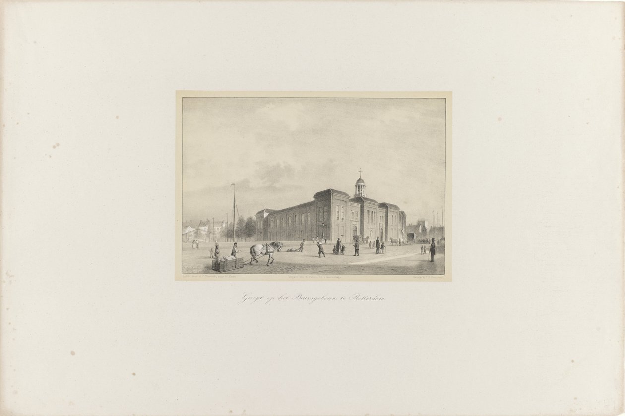 View of the Stock Exchange Building in Rotterdam, 1854 (series title: The Society for the Promotion of Music, its Music Festival and the City of Rotterdam. Memory of the Year 1854) by Adolf Carel Nunnink