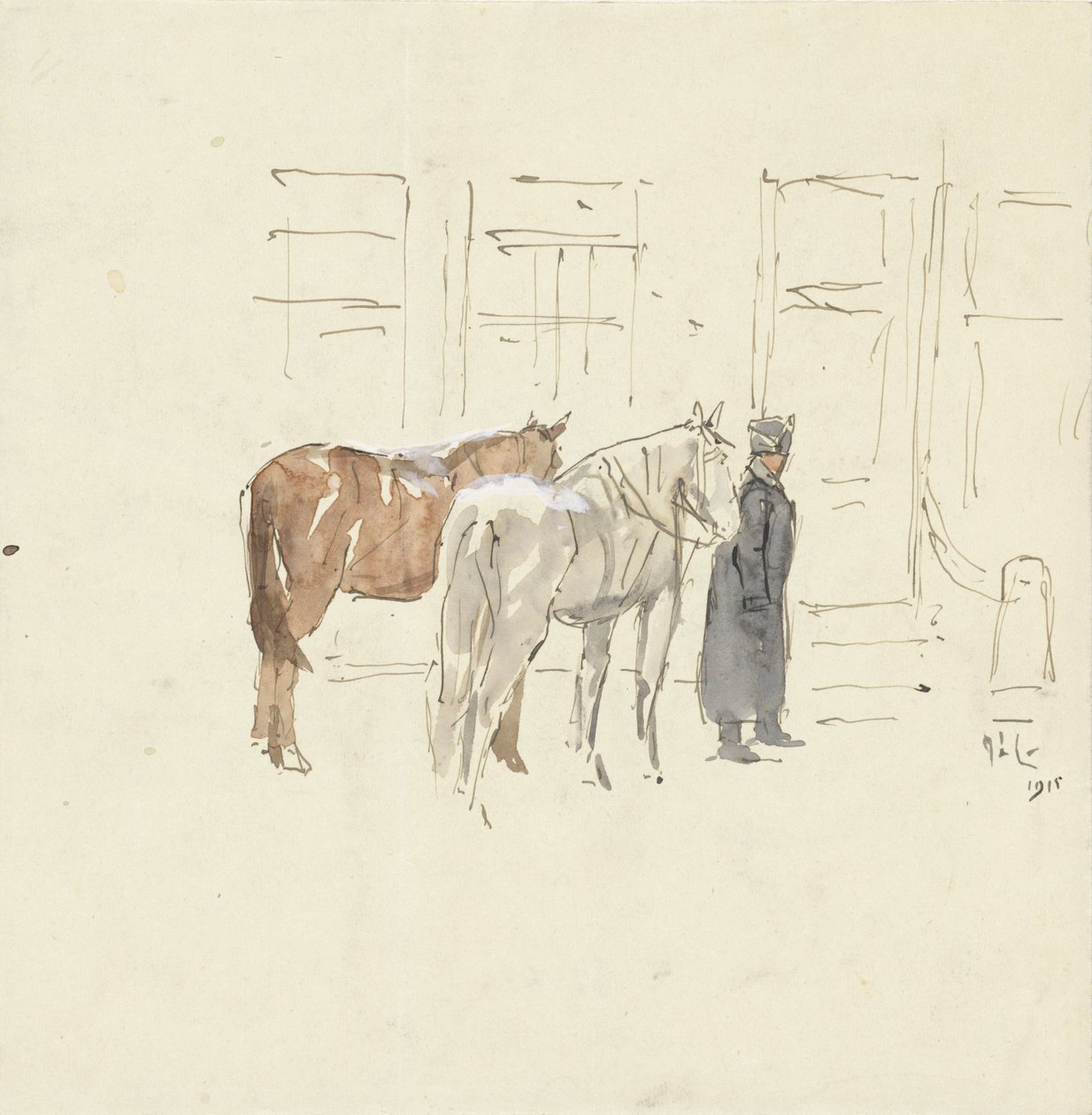 Man with Two Horses in Front of a Building by Adolf le Comte