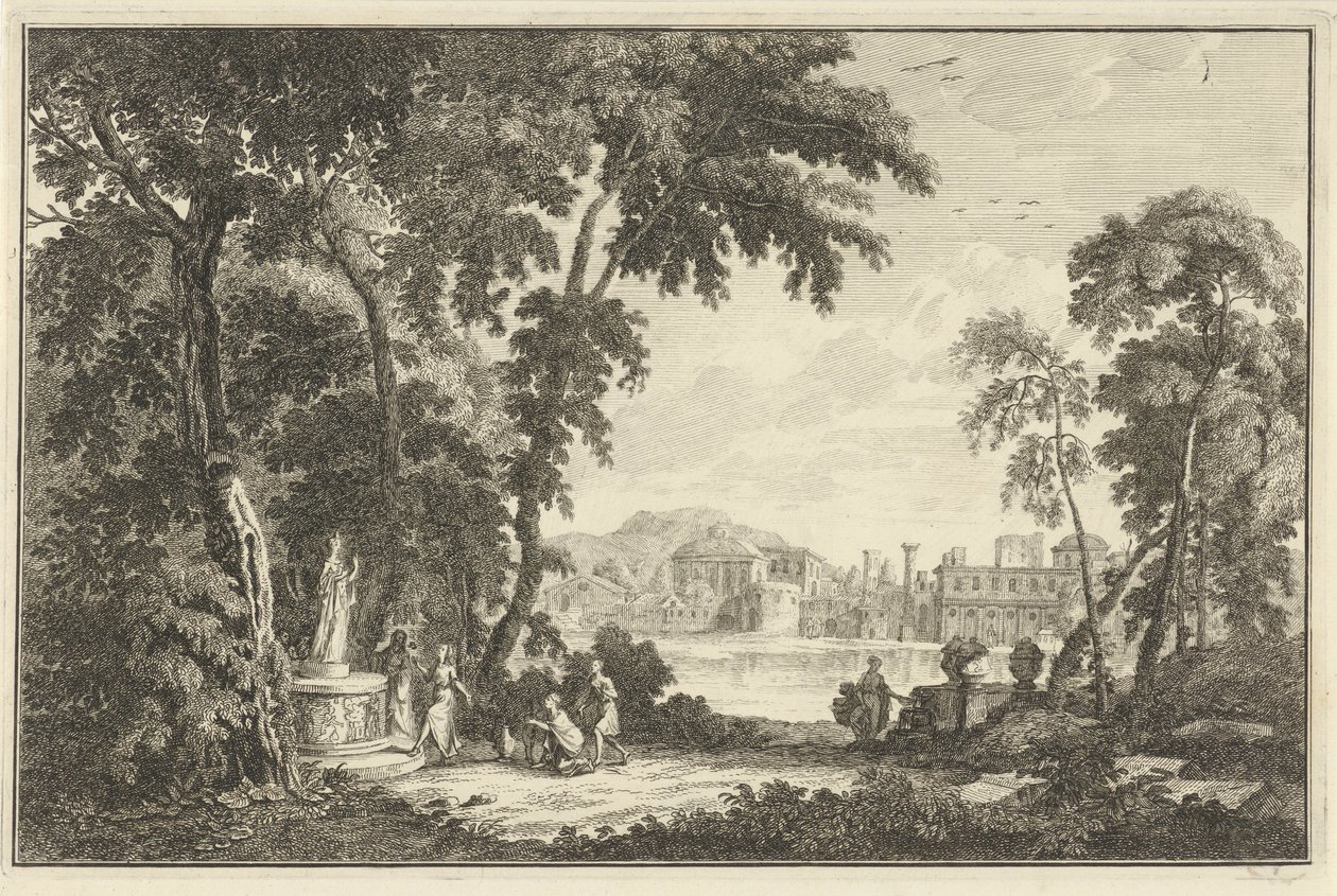 Arcadian River Landscape with Figures Worshipping a Statue (Italian and German Landscapes) by Adolf van der Laan