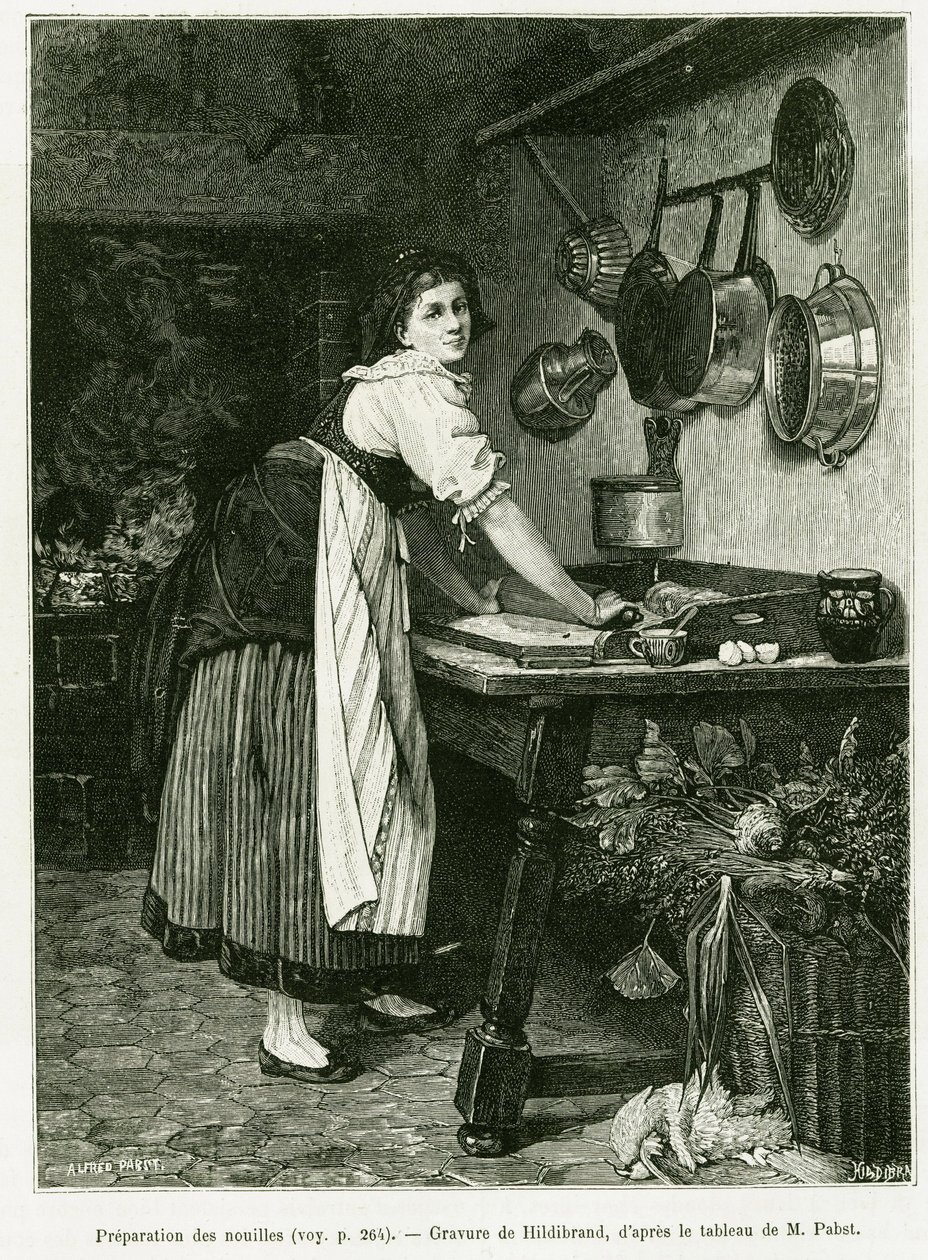 Noodle preparation. Engraving to illustrate the story A Through Alsace and Lorraine, in 1887, by Charles Grad, in the tour du monde 1888, directed by Edouard Charton, Hachette, Paris. by Adolf von Hildebrand