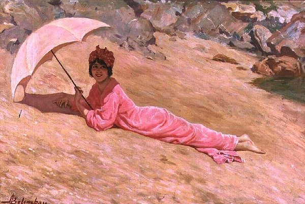 Girl Lying on the Beach with a Pink Parasol by Adolfo Belimbau