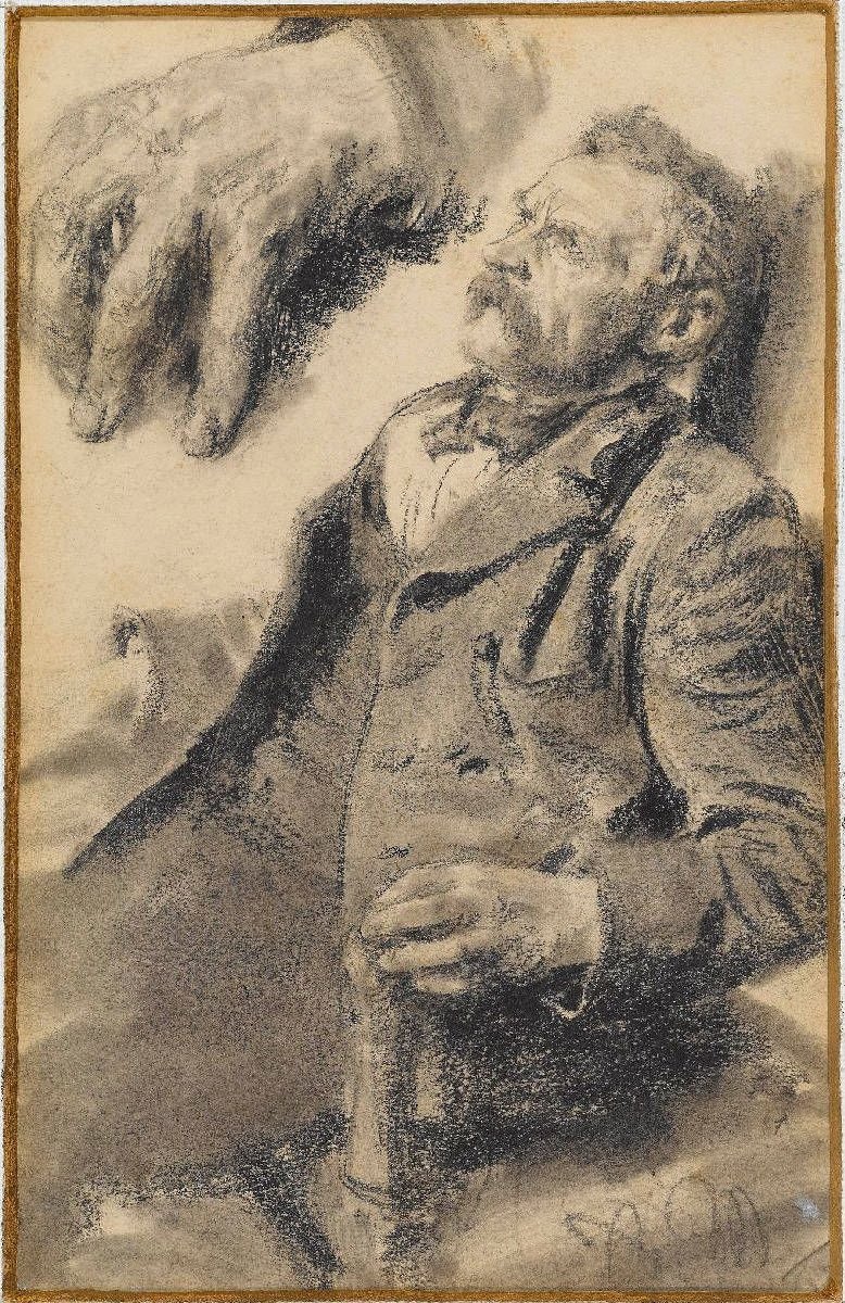 Study of a Seated Man, Study of the Left Hand in the Upper Left by Adolph Menzel