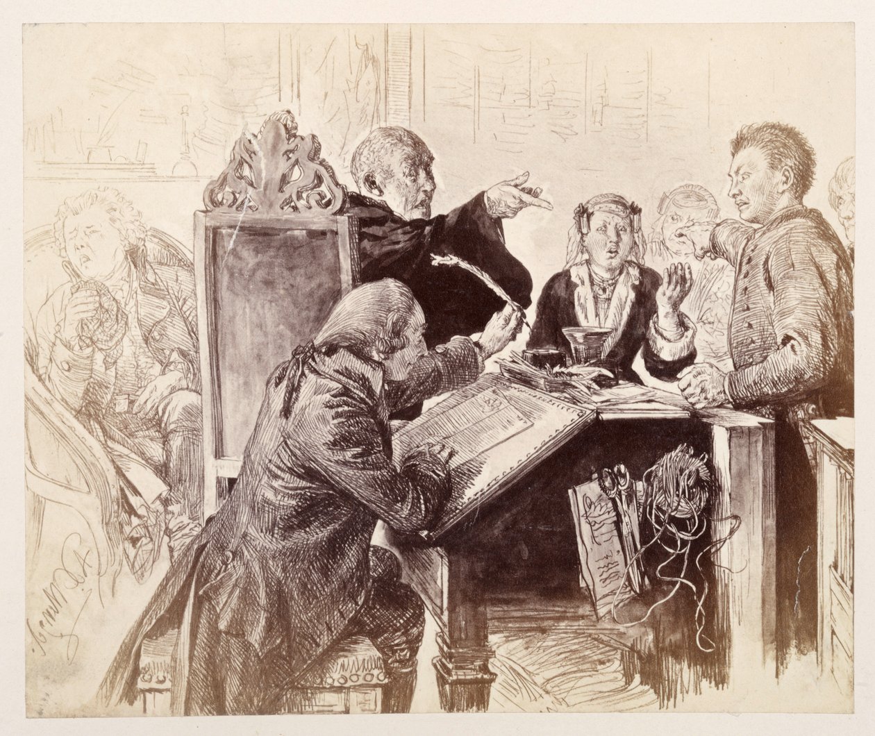 Adam Speaks to Veit During the Trial, with Clerk Licht Dipping the Pen, Judge Sneezing, from Heinrich von Kleist