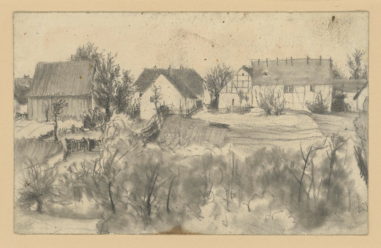 View of Barns and Farmhouses, with Low Trees and Shrubbery in the Foreground by Adolph Menzel