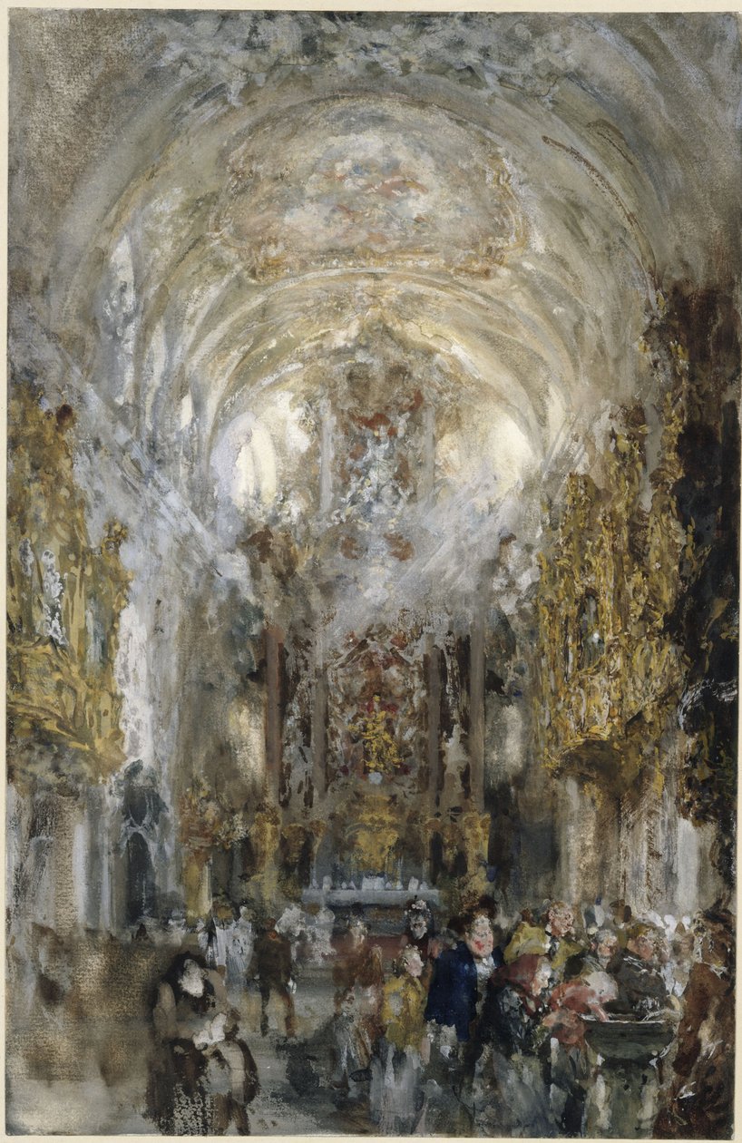 View into the Collegiate Church of Our Lady at the Old Chapel in Regensburg, with People at the Holy Water Font in the Right Foreground by Adolph Menzel