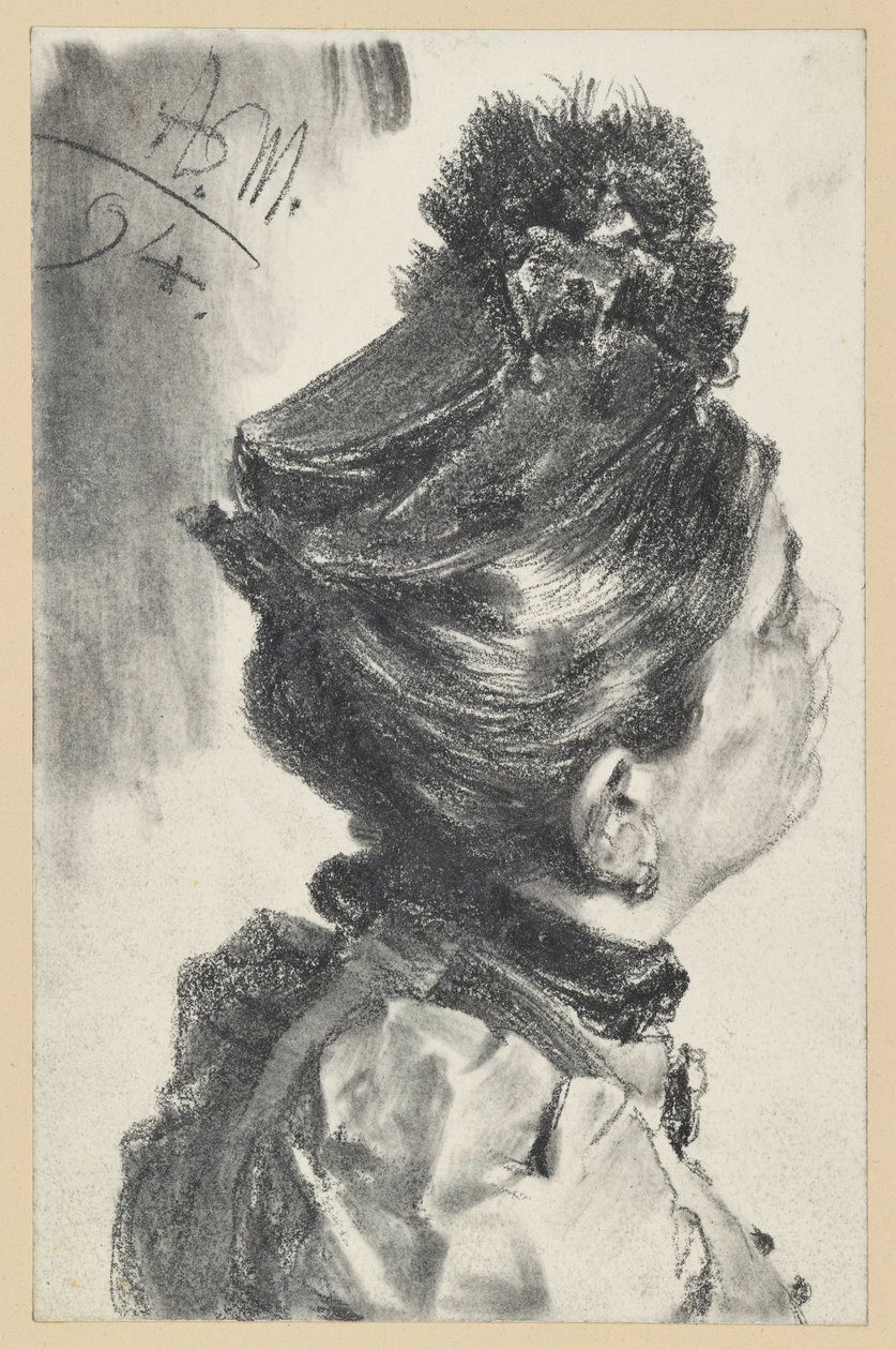 Bust of an Upward Looking Lady with Hat, Facing Right by Adolph Menzel
