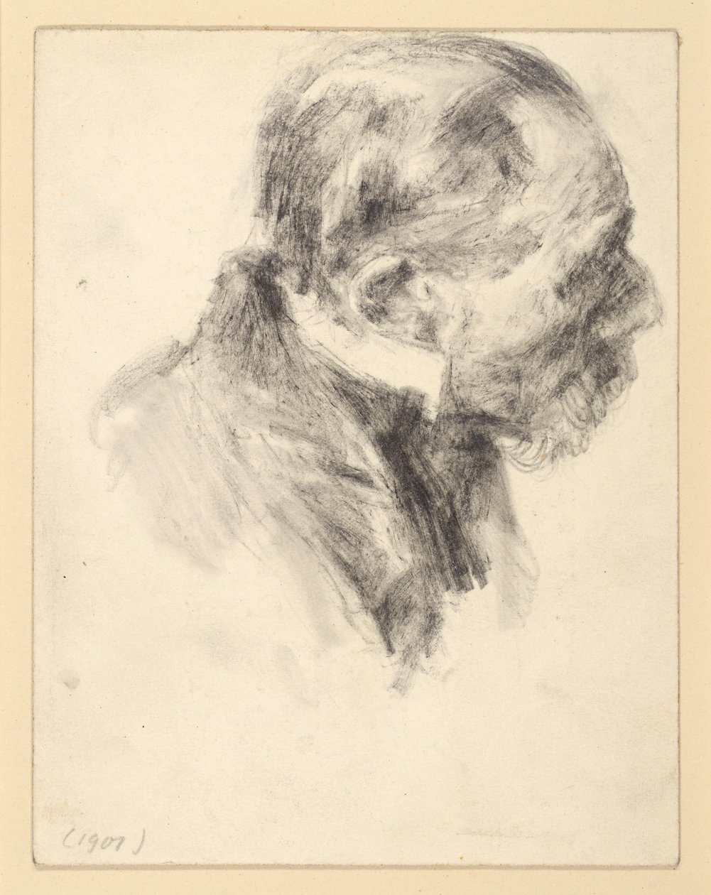 Bust of a Bearded Elderly Man with Standing Collar, Leaning Forward, to the Right by Adolph Menzel