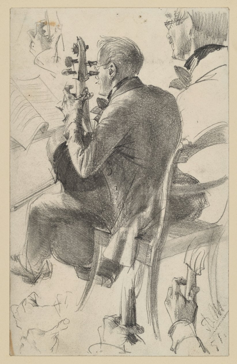 Cellist Facing Left, Seen Half from the Back. Studies of Head and Hands. Preliminary Study for the Painting "Flute Concert of Frederick the Great at Sanssouci" by Adolph Menzel