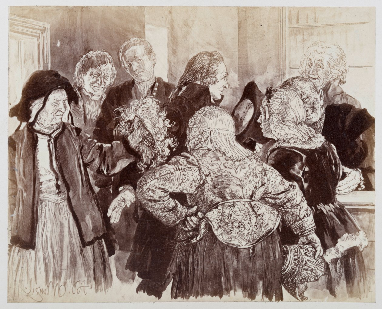 The Old Brigitte with the Wig in the Courtroom. Light pushes through the parties with the hat in hand to introduce the old woman to the councilor, to Heinrich von Kleist "The Broken Jug" by Adolph Menzel