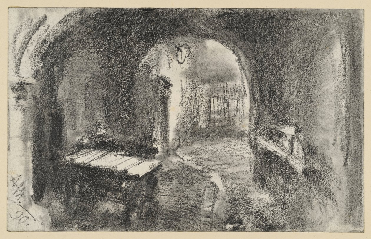 Dark Arched Passage, a Handcart in Front by Adolph Menzel