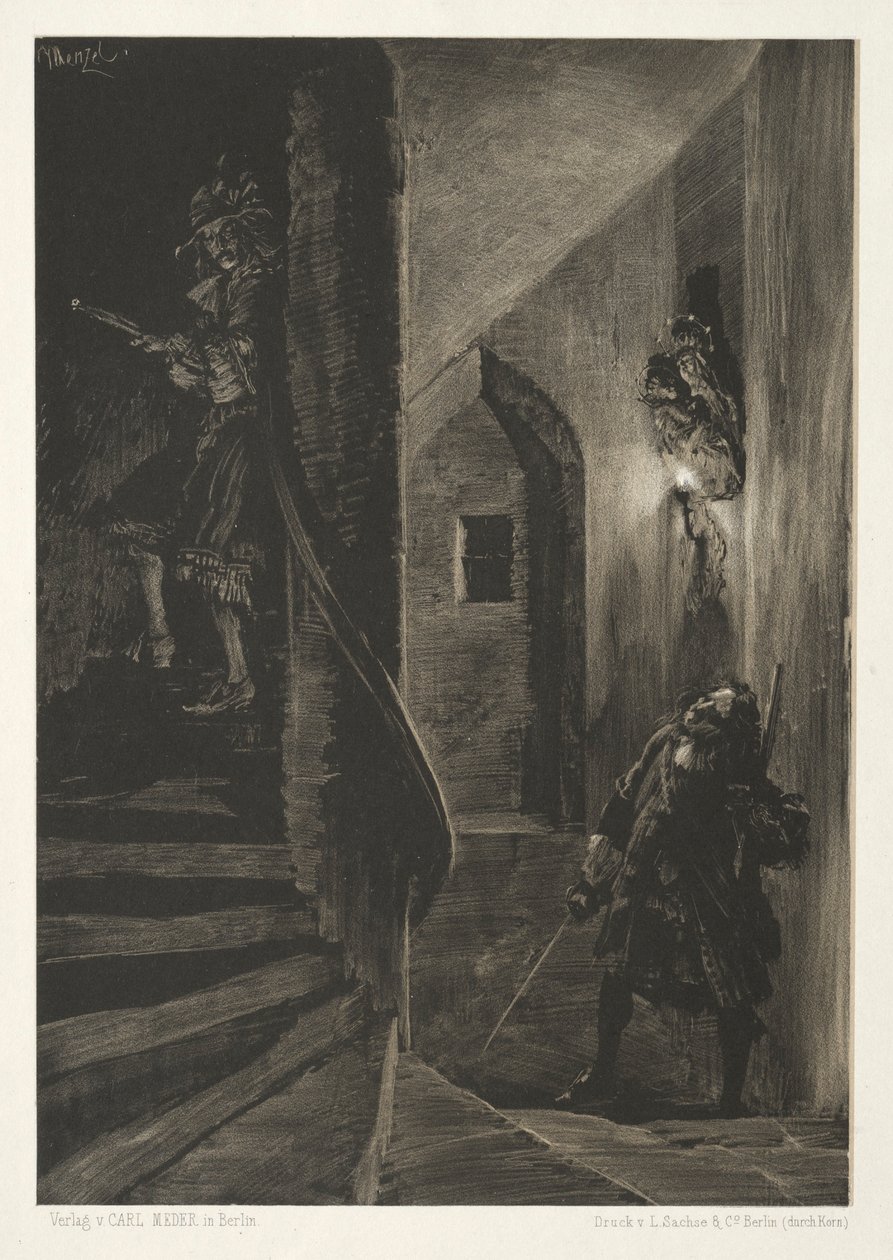 Essay on Stone with Brush and Scraper: Chase on the Winding Staircase by Adolph Menzel