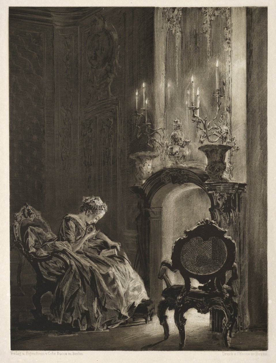 Essay on Stone with Brush and Scraper: Woman Reading at the Fireside by Adolph Menzel