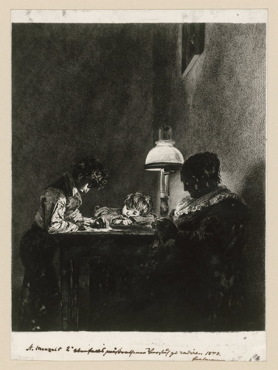 Family by the Lamp by Adolph Menzel