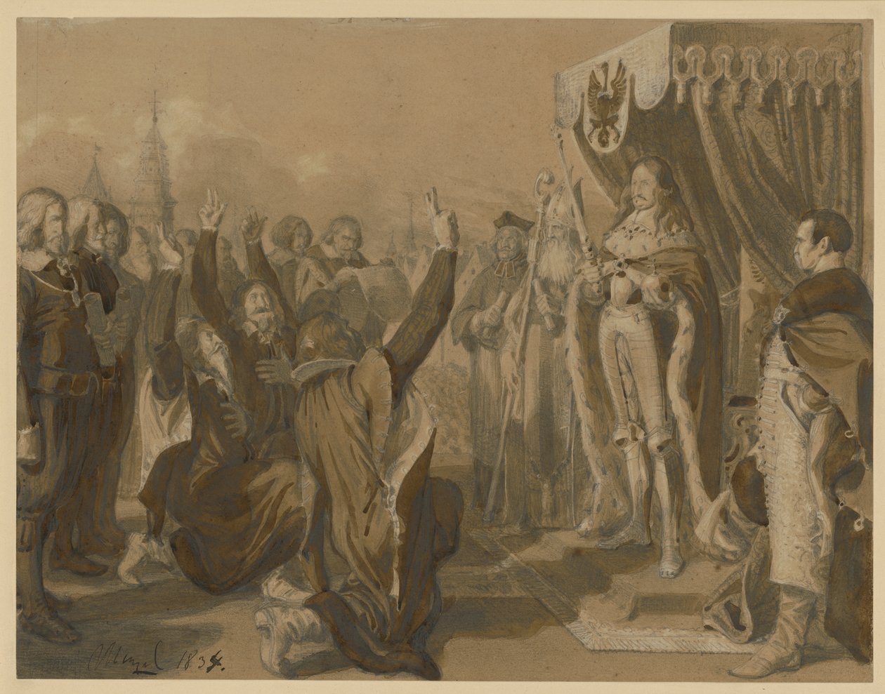 Friedrich Wilhelm Elector of Brandenburg Receives the Homage of the Prussian Estates in Königsberg on October 18, 1663. Design for the "Memoirs from the Brandenburg-Prussian History" by Adolph Menzel