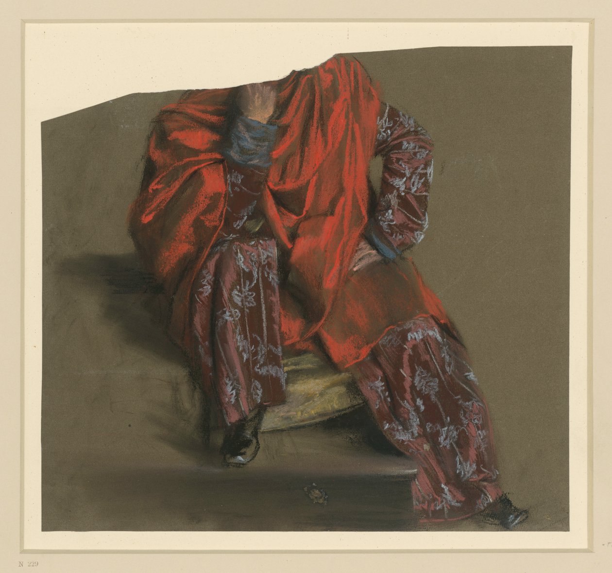 Study of a Male Figure Sitting en Face in a Floral Long Coat with Red Wrap by Adolph Menzel