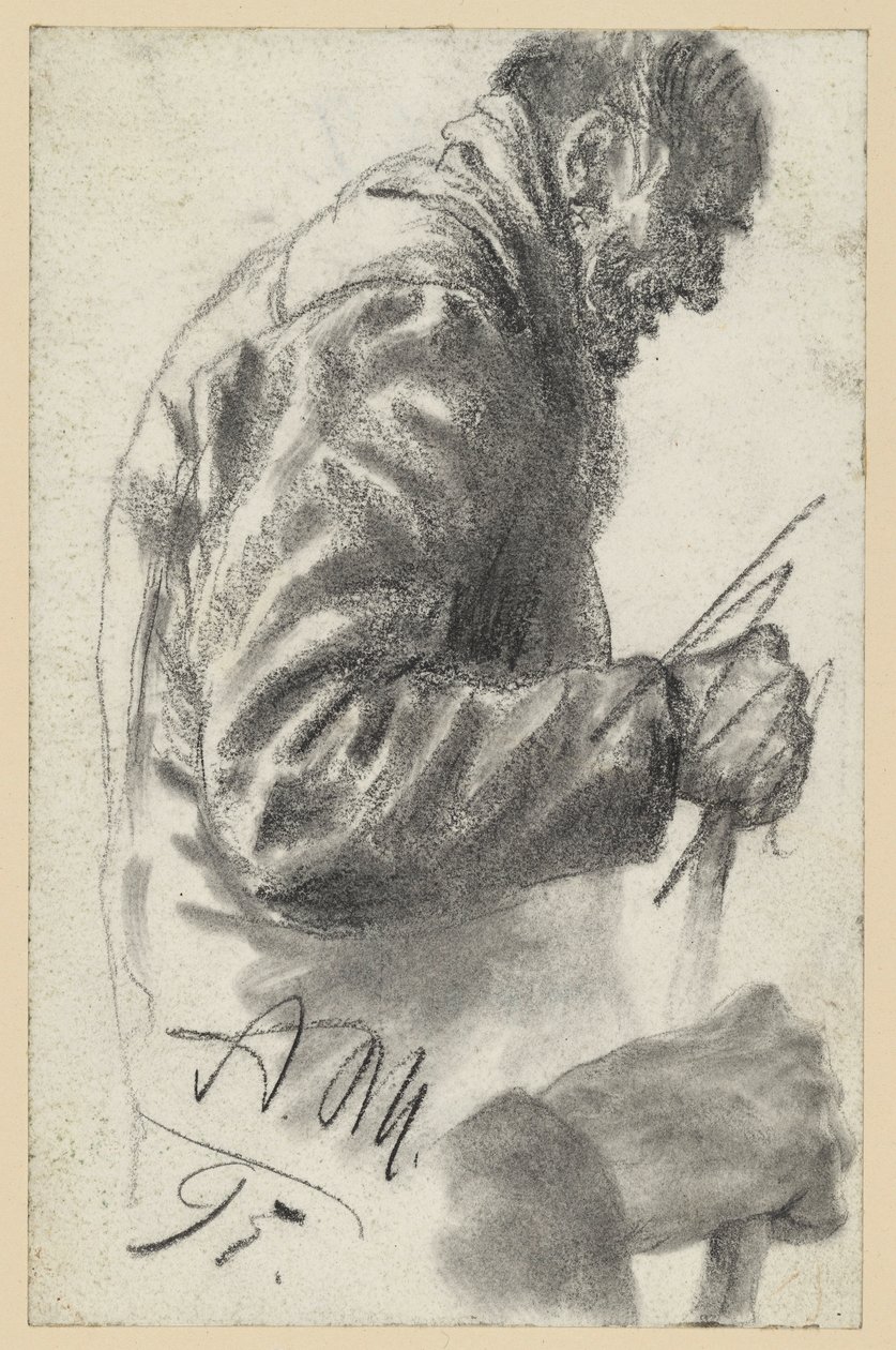 Half-Length Figure of an Old Man with a Cane, His Right Hand Discarded and Repeated Below by Adolph Menzel