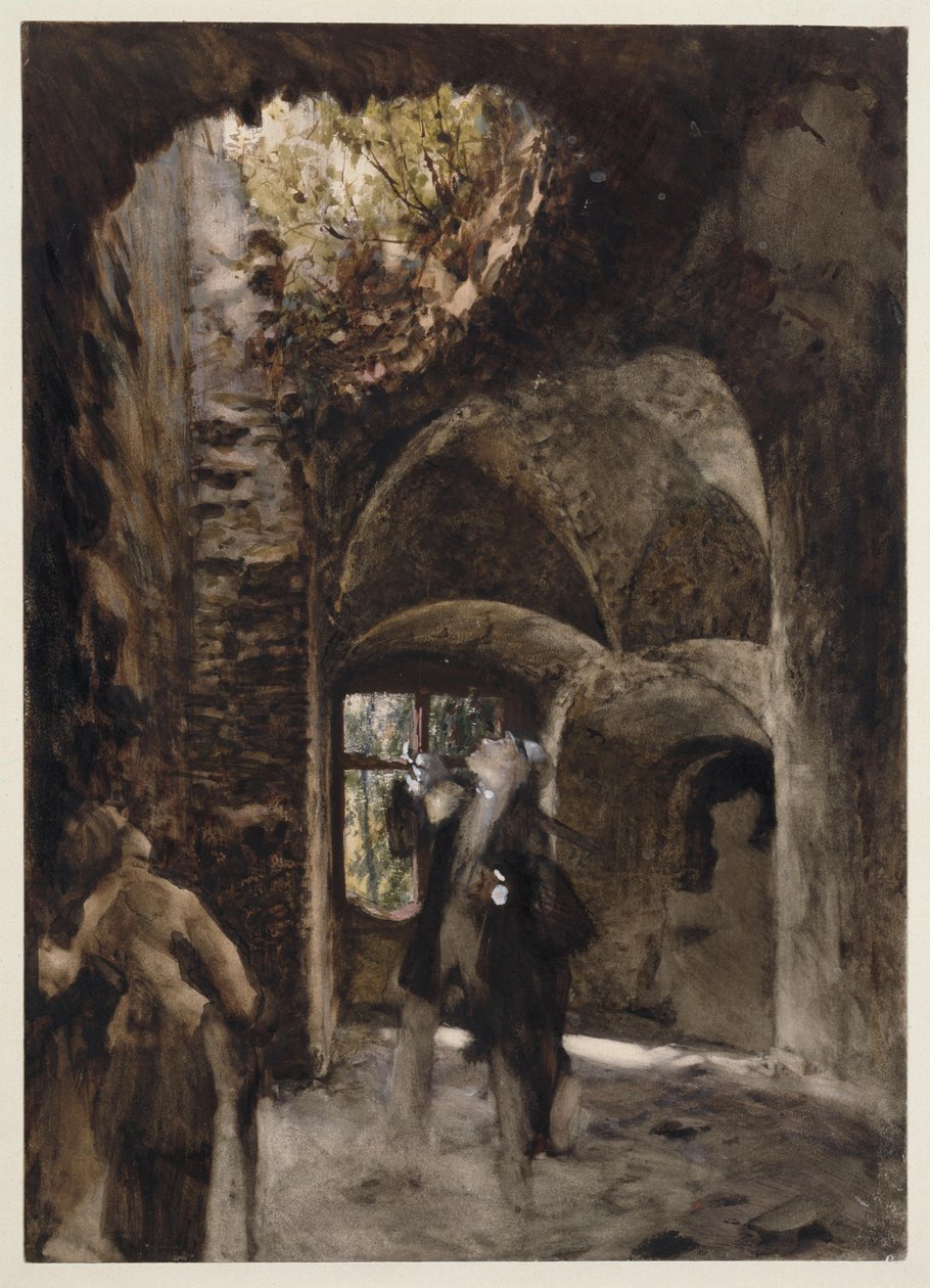 In the Ruins, a Gentleman and a Lady Stand on a Landing and Look Up at a Large Hole in the Vault by Adolph Menzel