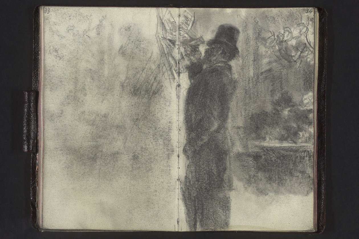 Man with Top Hat and Umbrella Examining Notes Hanging on the Wall by Adolph Menzel