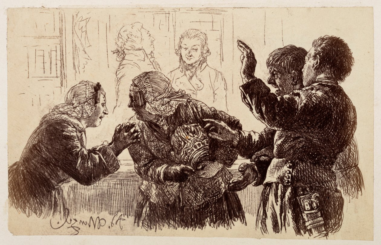 Marthe with the Jug Shards in Her Arm, Stands Between Veit and Ruprecht, and Eve Pleads with the Mother to Refrain, from Heinrich von Kleist