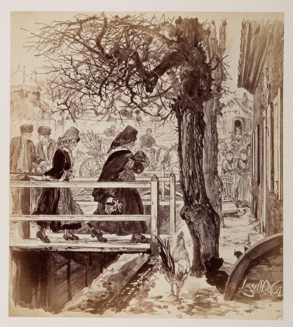 Marthe Walks Left across a Bridge with the Shards, Followed by Eve; at Right Veit and His Son Ruprecht Are Also Seen Approaching, for Heinrich von Kleist