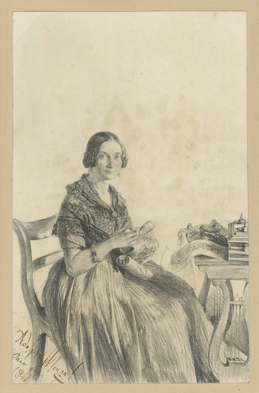 Pauline Martini, née Dambke, Sitting at the Table, Facing the Viewer by Adolph Menzel