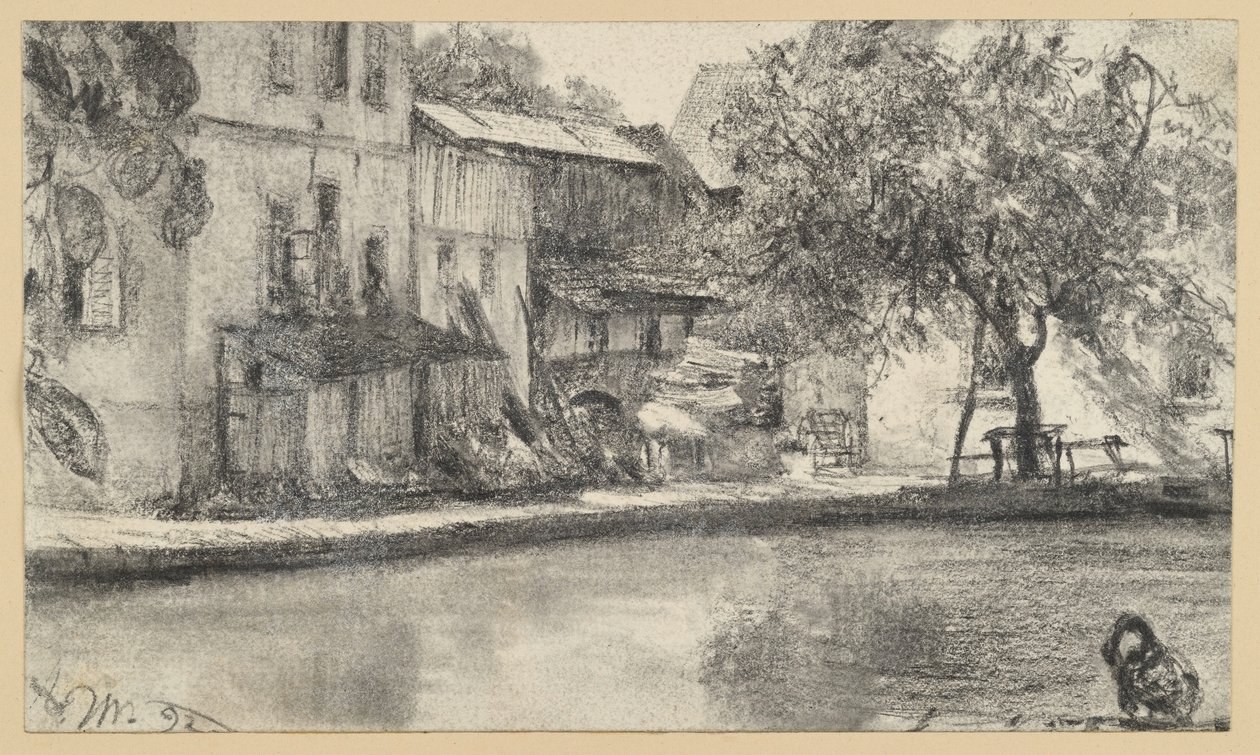 Back of a Row of Houses and Tree by the Water by Adolph Menzel