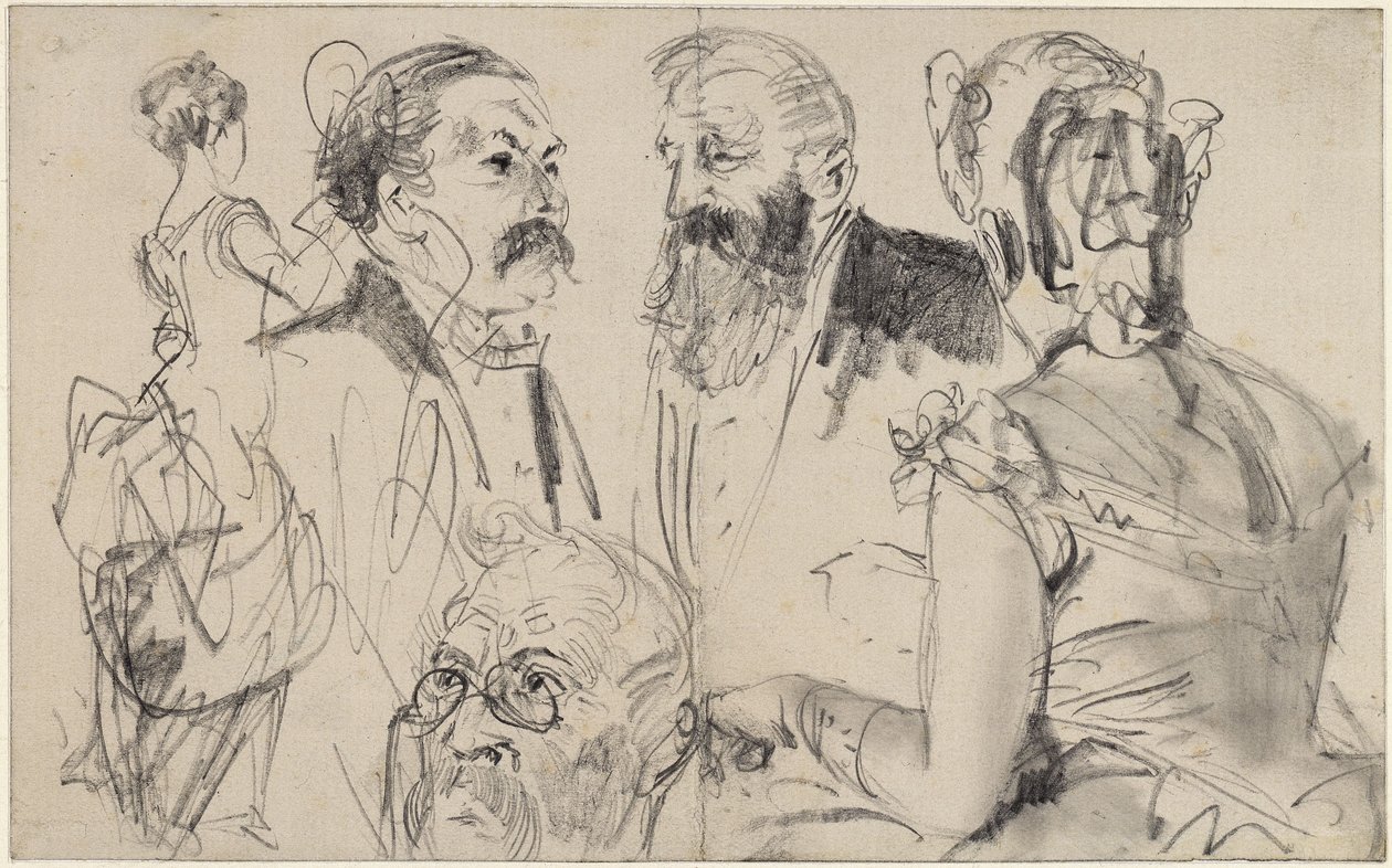 Sketch Sheet with Three Male Heads and Two Female Back Figures of an Elegant Society by Adolph Menzel