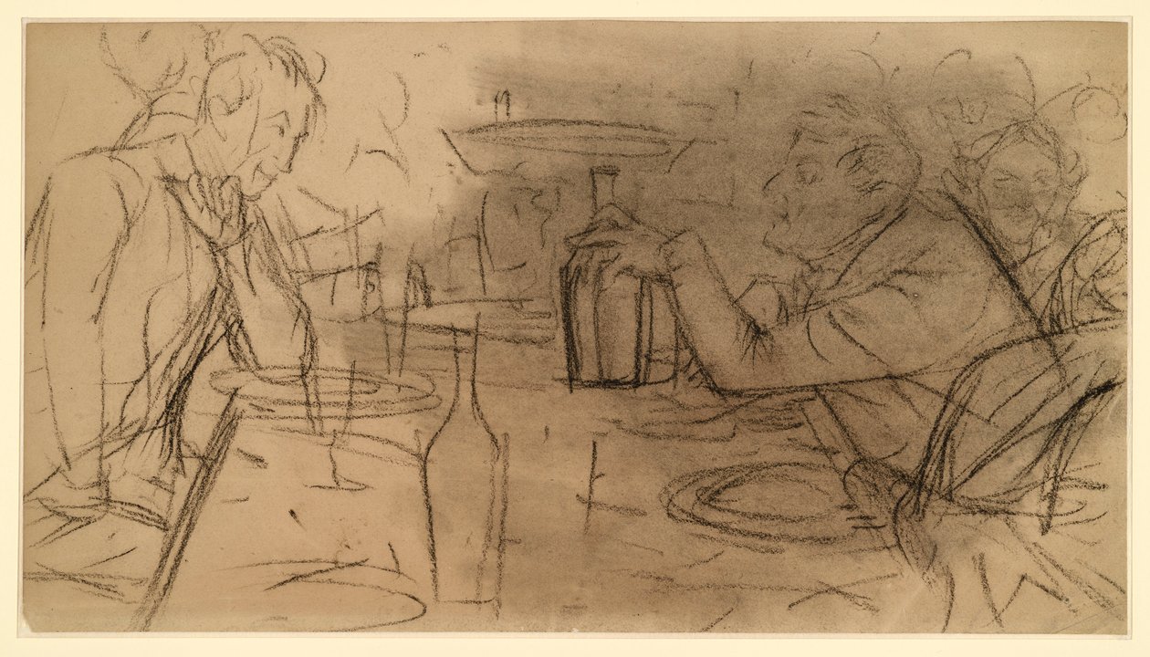 Two Gentlemen Sitting Opposite Each Other at a Tavern Table in Conversation by Adolph Menzel