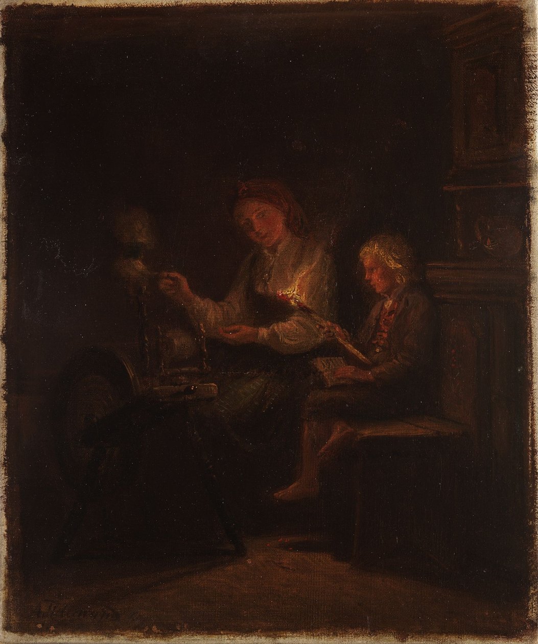By the Spinning Wheel by Adolph Tidemand