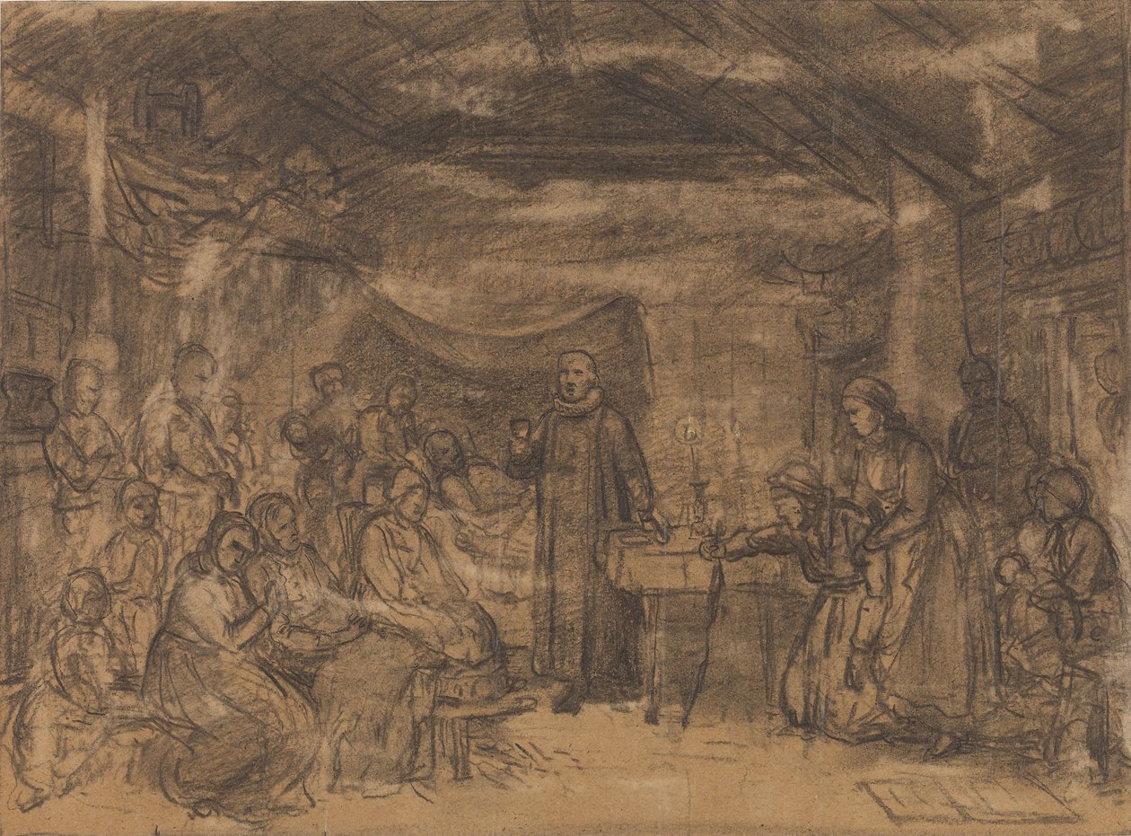 Priest Distributing Communion in a Peasant Interior by Adolph Tidemand