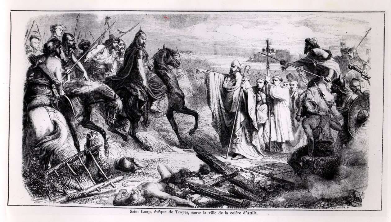St. Loup defending the city of Troyes against Attila the Hun on his Horse, illustration from a history of France, 2nd half 19th century by Adolphe Francois Pannemaker