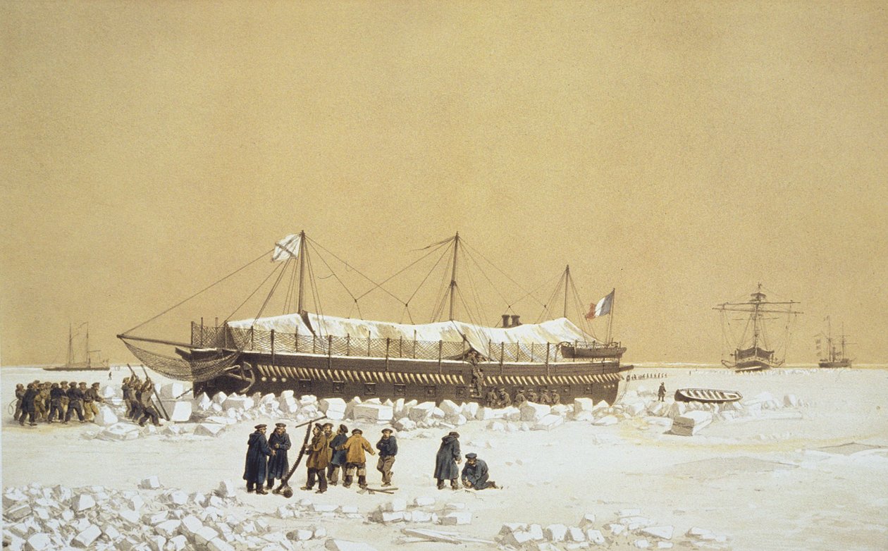 Floating battery La Tonnante in the ice before Kil-Bouroun, from Nos Souvenirs de Kil-Bouroun pendant LHiver passe dans Le Liman du Dnieper, 1855-56, engraved by Eugene Ciceri by Adolphe Jean Baptiste Bayot and Antoine Leon Morel Fatio