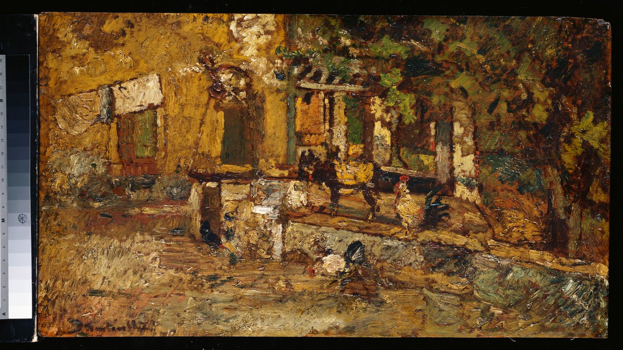 Farmyard with a Donkey and Cockerels by Adolphe Joseph Thomas Monticelli