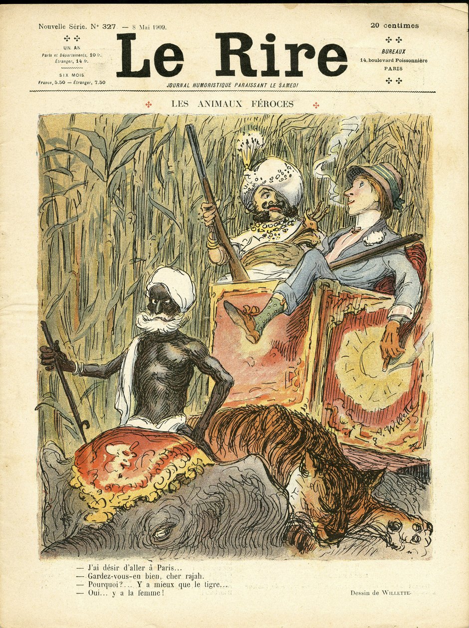 Illustration for the Cover of Le Rire, 08/05/09 - Ferocious Animals - Anti-feminism, Hobbies, Hunting Hunters, India, English India, Animals - Elephant, Women, Tiger by Adolphe Leon Willette
