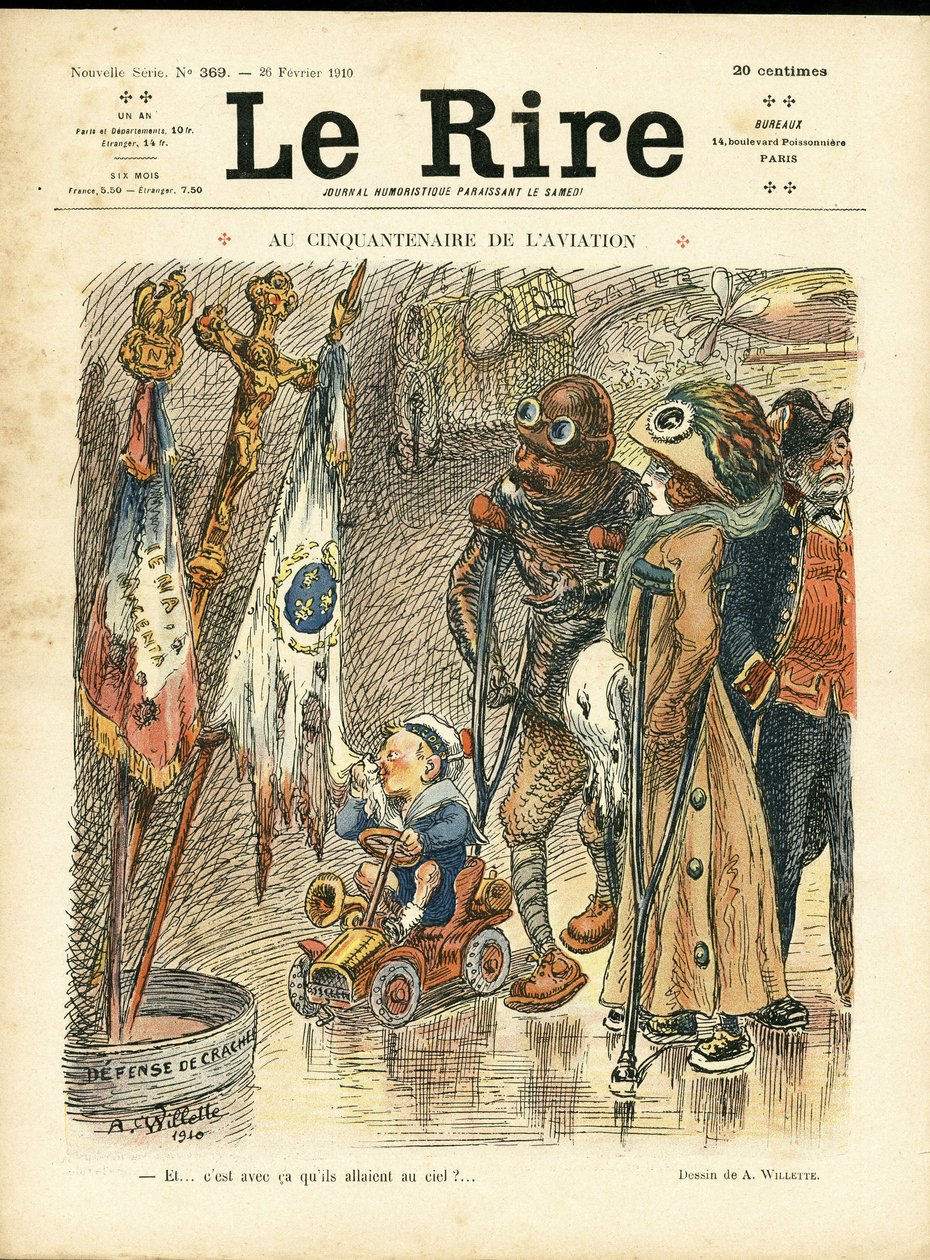 Illustration for the Cover of Le Rire, 26/02/10 - At the Fiftieth Anniversary of Aviation - Aviation, Fashion, Hat, Accidents Disasters by Adolphe Leon Willette