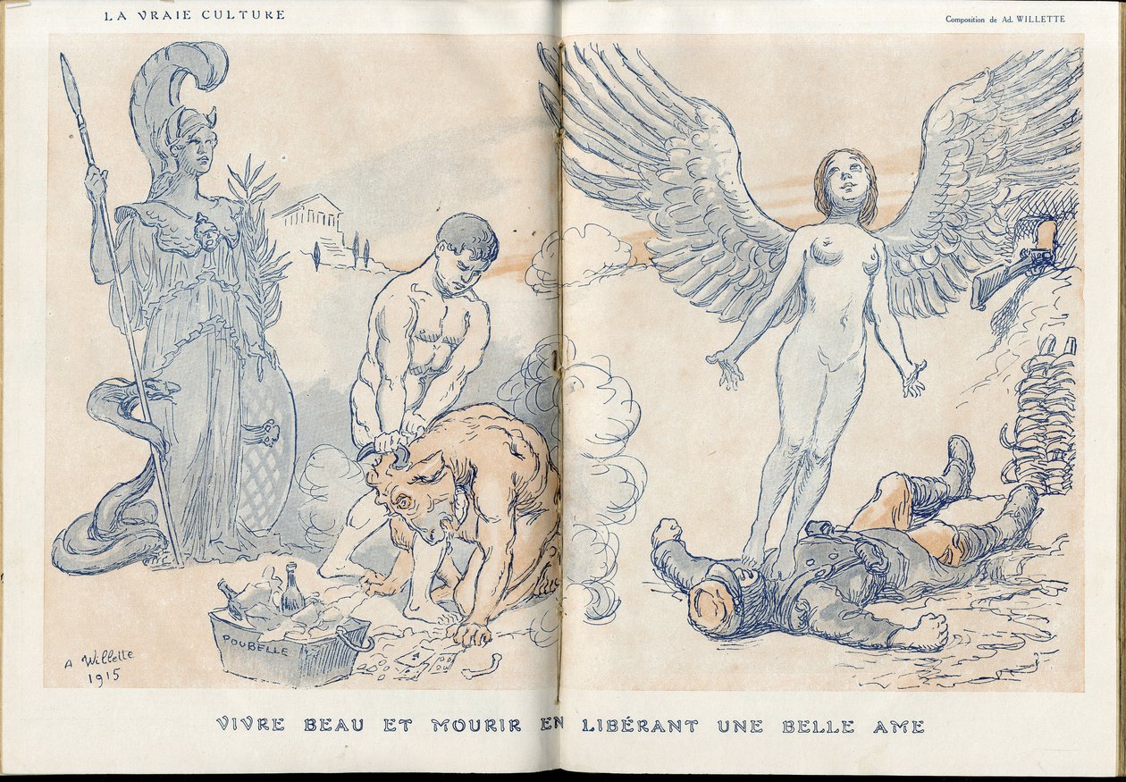 Illustration of Adolphe dit Willette (1857-1926) in Fantasio, 01/05/15 - Living beautiful and dying by releasing a beautiful soul - War of 14-18, Dead corpses, Barbary/Kultur, Jam of Skull - Soldiers by Adolphe Leon Willette