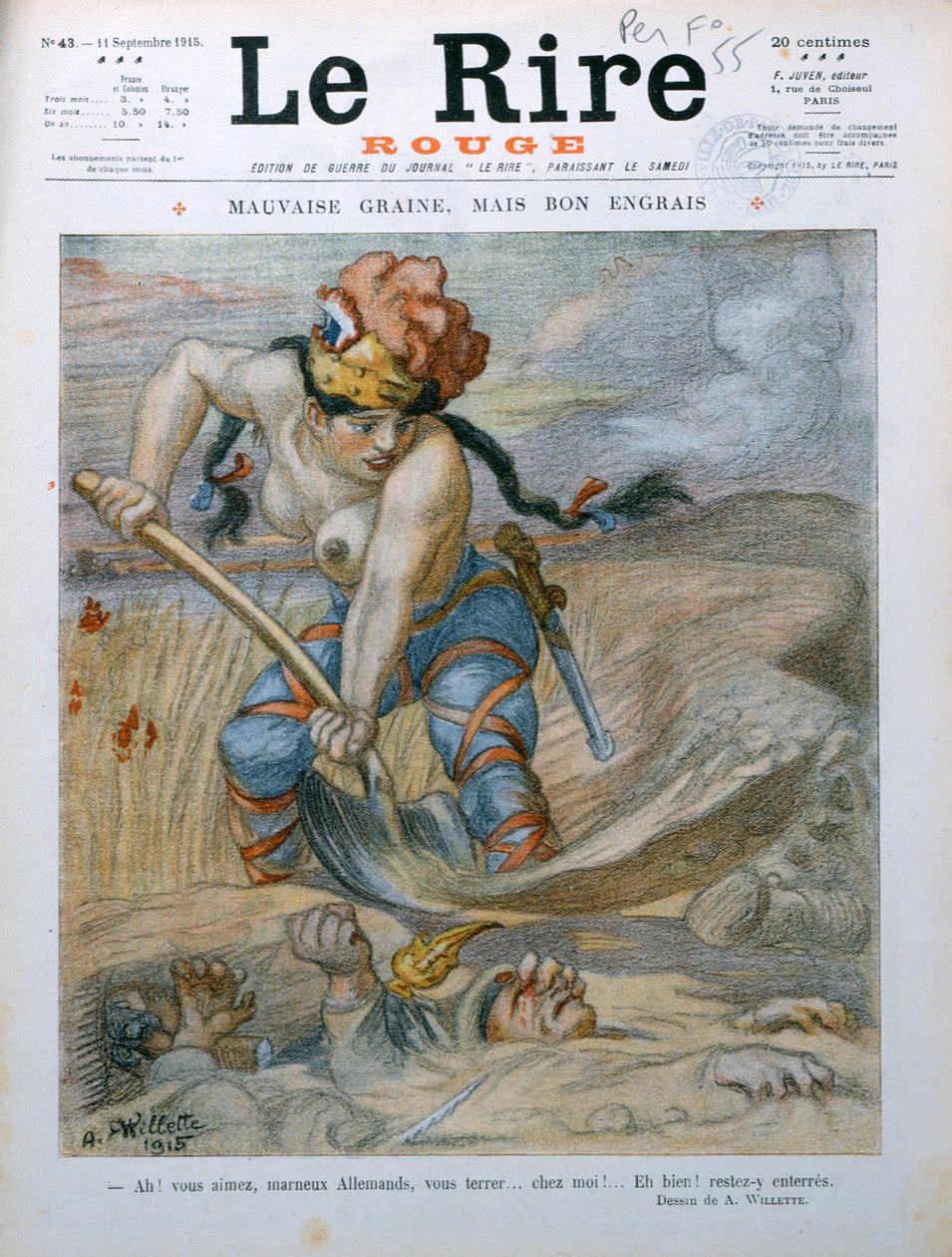 Marianne Burying German Soldiers in the Marne Trenches, caricature from 